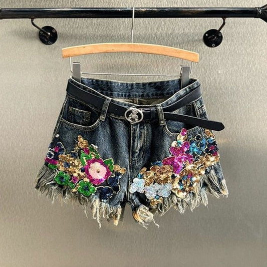 Sequin Floral Denim Shorts